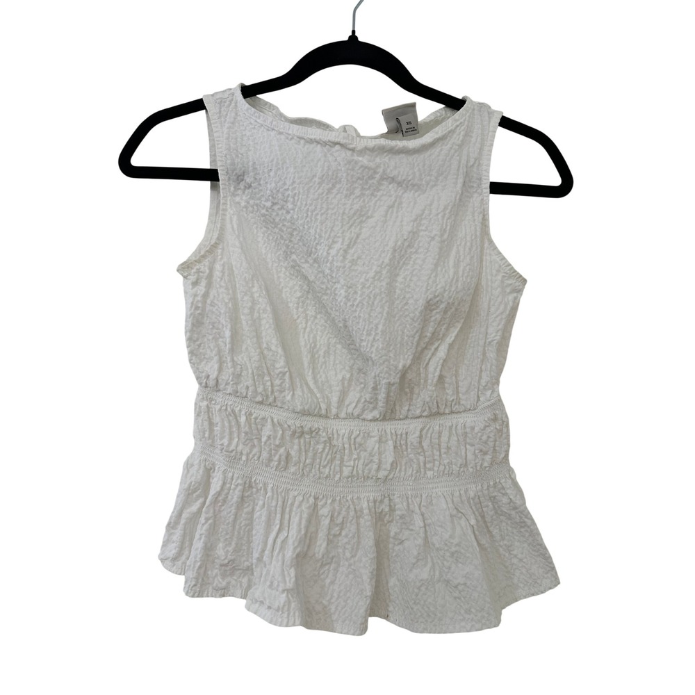 A New Day Womens XS White Seersucker Smocked Peplum Sleeveless Top Cottagecore